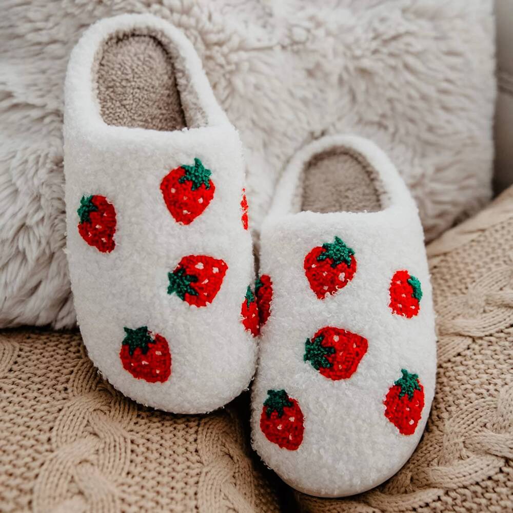 NEW KATYDID women's strawberry fuzzy slippers in white
